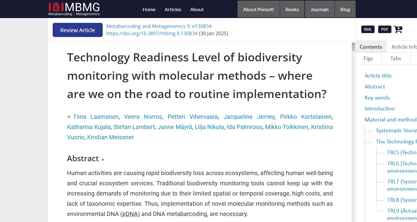 Novel biodiversity monitoring methods and their TRLs: an OBSGESSION publication